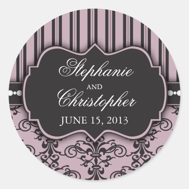 Rond Chic Damask & Stripe Wedding Favor Sticker (Devant)