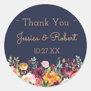 Rond Chic Floral Navy Merci bleu Favoriser Sticker