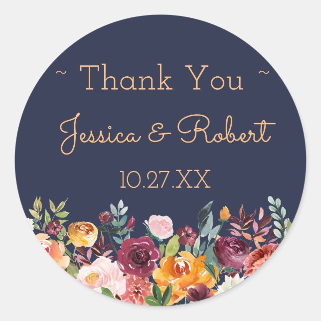 Rond Chic Floral Navy Merci bleu Favoriser Sticker (Devant)