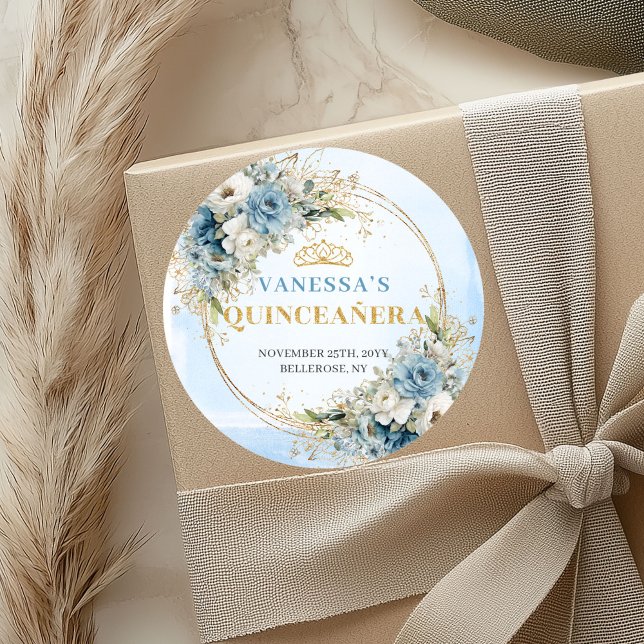 Rond Chic Quinceañera Sticker Dusty Blue Gold Floral (Chic Quinceañera Sticker Dusty Blue Gold Floral)