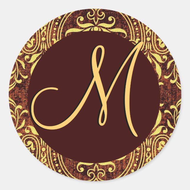 Rond Chocolat Or Monogramme M Mariage damassé Sticker V (Devant)