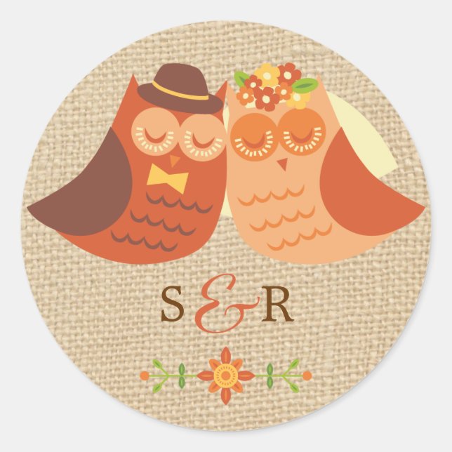 Rond Chouette Lovebirds sur Sticker Mariage Burlap (Devant)