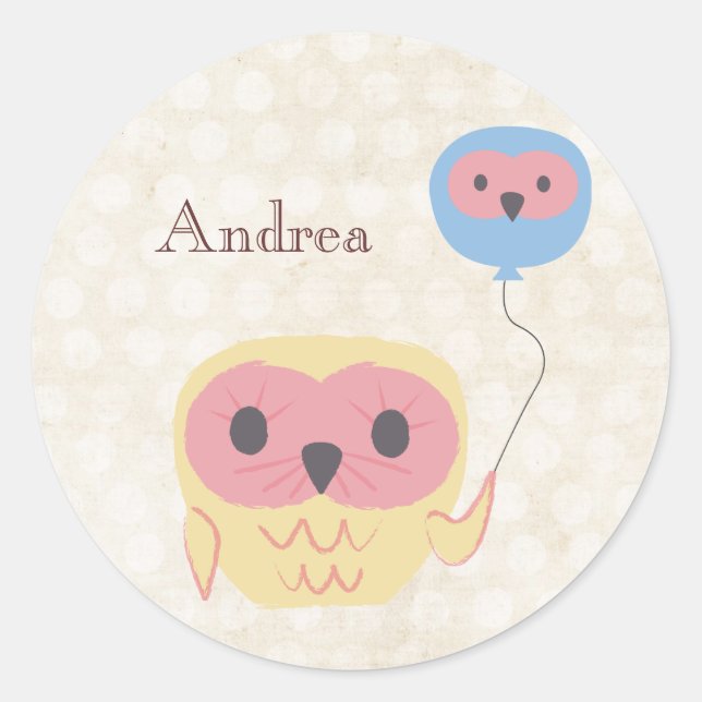 Rond Chouette mignonne avec ballons Sticker de nom pers (Devant)