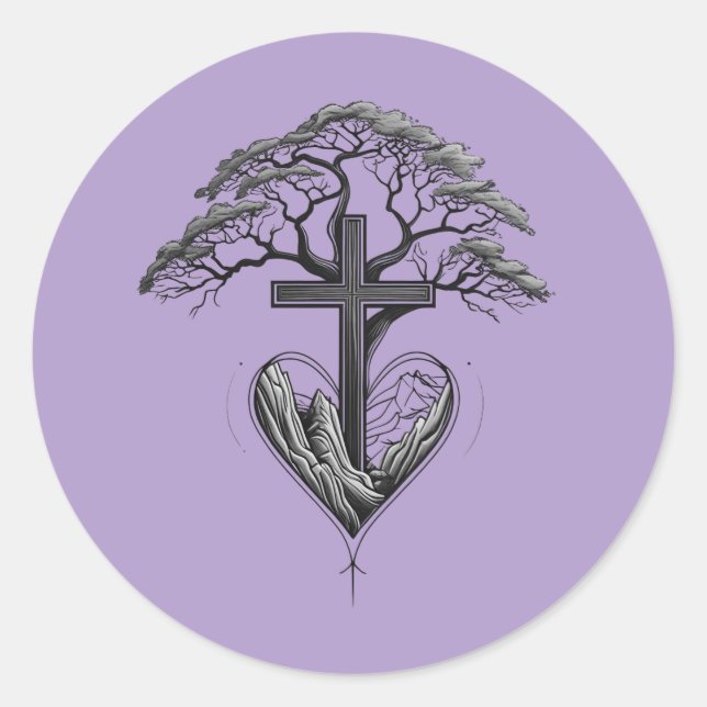 Rond Christian Cross Tree Mountain Heart Sticker (Devant)
