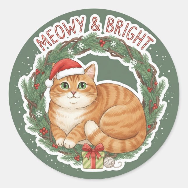 Rond Christmas Cat Sticker - Funny Santa Hat Kitten (Devant)