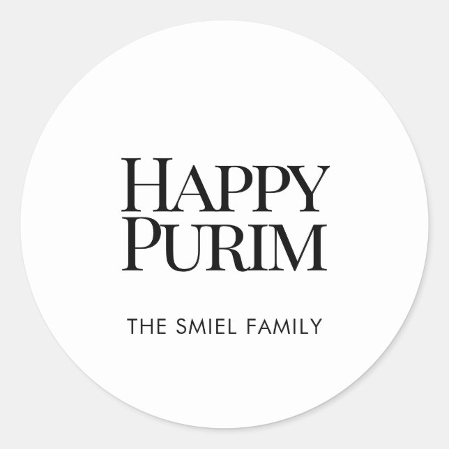 Rond Classic Family Name Happy Purim White Sticker (Devant)