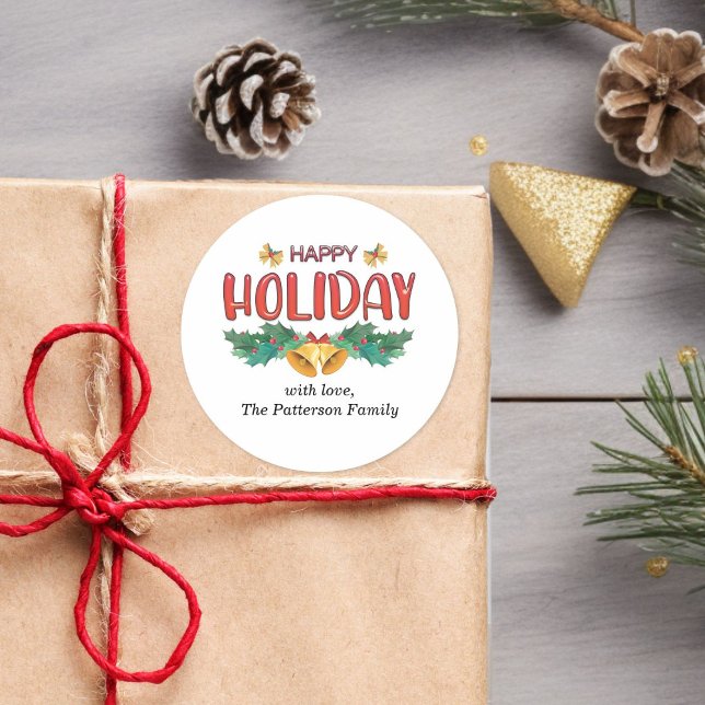 Rond Cloches de vacances classiques & Sticker de nom de (Custom Classic Holiday Bells & Holly Family Name Sticker)