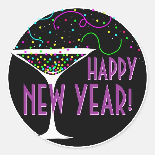 Rond Cocktail Confetti Happy New Year Round Sticker (Devant)