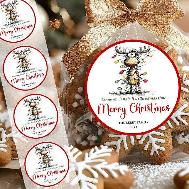 Rond Conception de sticker fantaisiste de renne drôle p (Funny reindeer whimsical holiday sticker design)