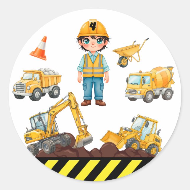 Rond Construction Vehicles Birthday Party Sticker (Devant)