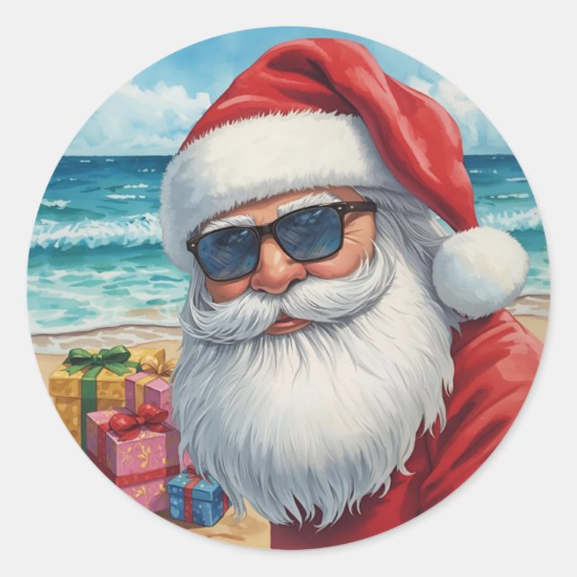 Rond Cool Beach Santa Sticker – Tropical Holiday Vibes (Devant)