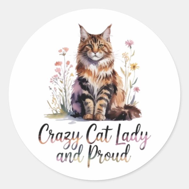 Rond Crazy Cat Lady And Proud Maine Coon Floral Sticker (Devant)