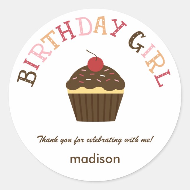 Rond Cupcake Anniversaire Fille Favoriser Sticker /Enve (Devant)