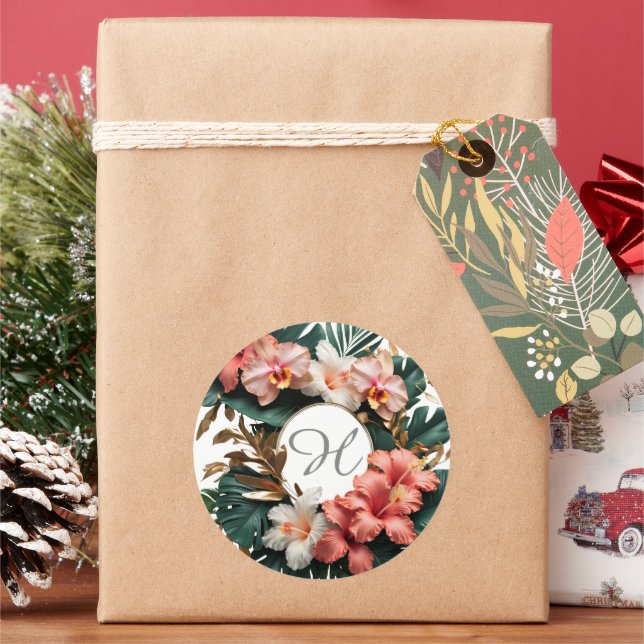 Rond Custom Floral Monogram Tropical Round Sticker (vacances)