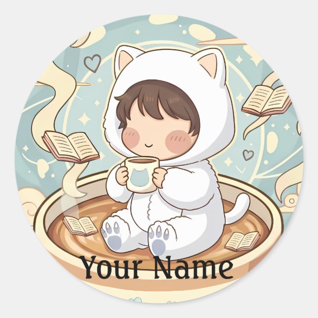 Rond Custom Name Cat Coffee Sticker for Book Lovers (Devant)