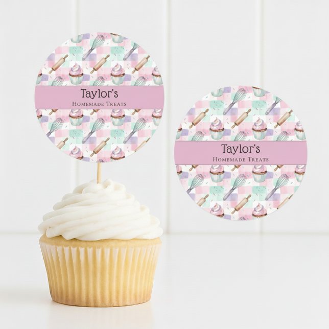 Rond Custom Pastel Cupcake Topper Name Sticker Sheet (Créateur téléchargé)