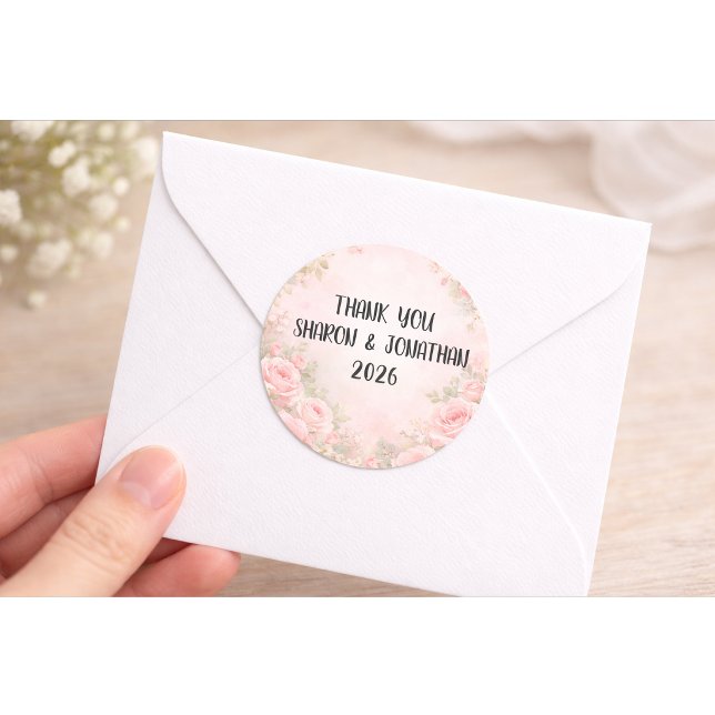 Rond Custom Pink Floral Wedding Thank You Sticker (Créateur téléchargé)