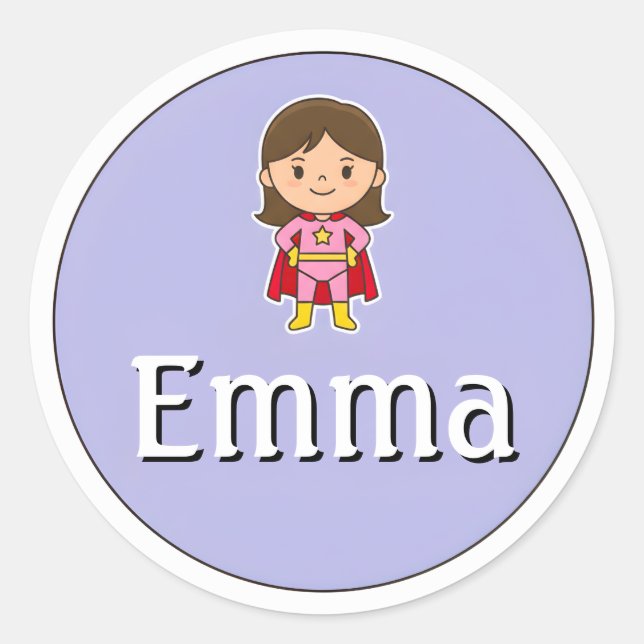 Rond Customizable Kids Name Sticker – Girl Superhero (Devant)