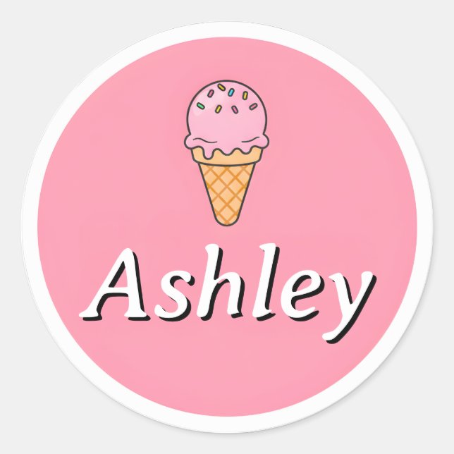 Rond Customizable Kids Name Sticker – Pink Ice Cream  (Devant)