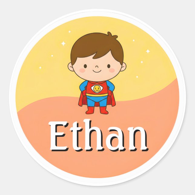 Rond Customizable Kids Name Sticker – Smiley Superhero (Devant)