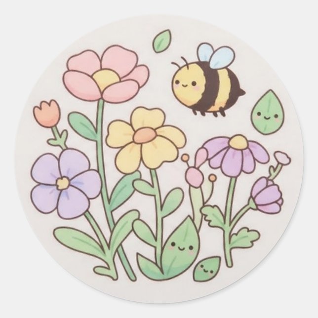 Rond Cute Bee & Smiling Flowers Sticker - Pastel Floral (Devant)