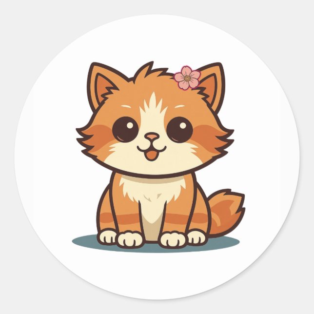 Rond Cute Cartoon Floral Cat Sticker – Kitten Design (Devant)