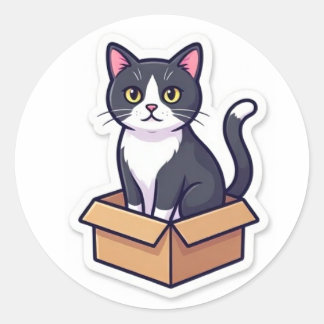 Rond Cute Cat In Cardboard Box Sticker Funny Cat