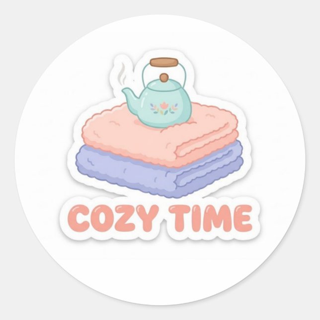 Rond Cute Kawaii "Cozy Time" Sticker  (Devant)