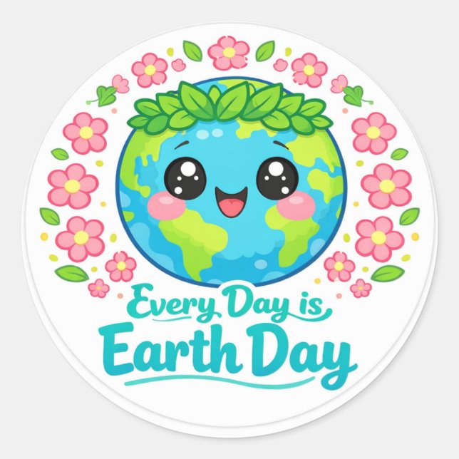 Rond Cute Kawaii Earth Day Round Sticker (Devant)
