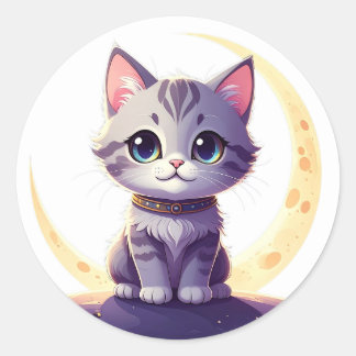 Rond Cute Moon Cat Sticker – Magical Kitten on Crescent