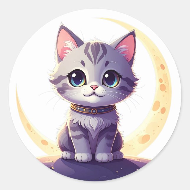 Rond Cute Moon Cat Sticker – Magical Kitten on Crescent (Devant)