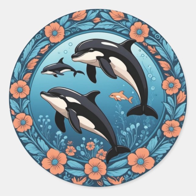 Rond Cute Orca Pod nage avec Sticker Fleurs (Devant)
