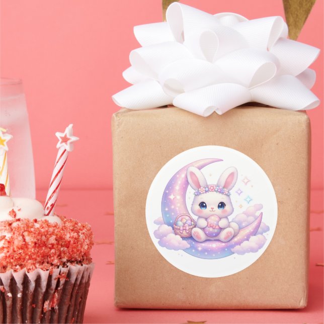 Rond Cute Pastel Easter Bunny Sticker – Celestial Moon  (Fête)