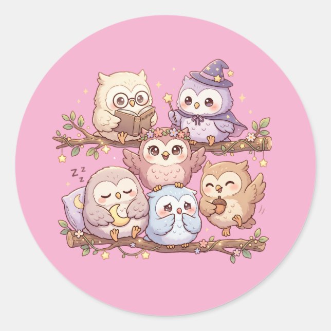 Rond Cute Pastel Owl Friends Sticker Sheet (Devant)