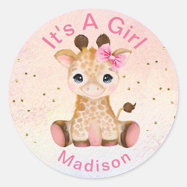 Rond Cute Personalized Girls Pink Baby Girafe Sticker (Devant)