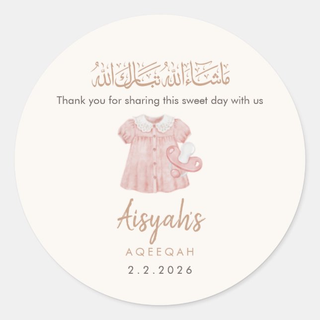 Rond Cute Pink Baby Clothes Girl Aqeeqah Favor Sticker (Devant)