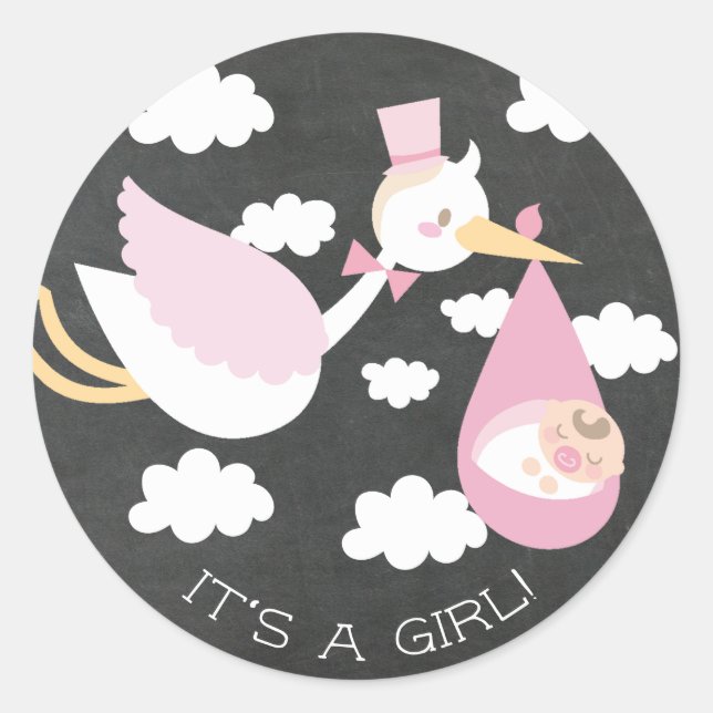 Rond Cute Stork It'a Girl Favor Sticker (Devant)