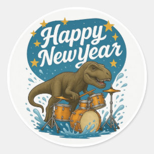 Rond Dinosaure Jouer À La Tambour Sticker Bonne année.