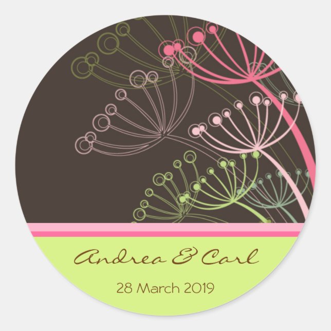 Rond Doux Pink & Mint Dandelions Mariage Favor Sticker (Devant)