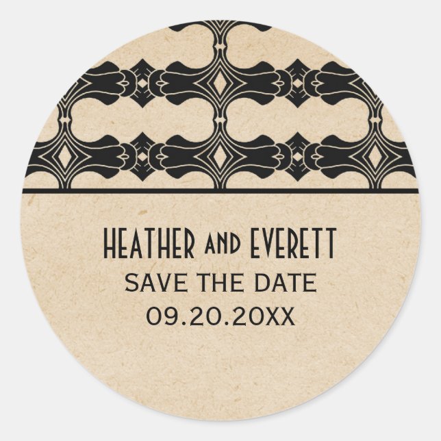 Rond Ebony Art déco Bordure Enregistrer la date Sticker (Devant)