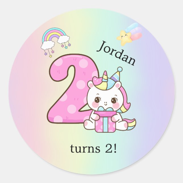 Rond Editable Kids Birthday Sticker Cute Unicorn Party (Devant)