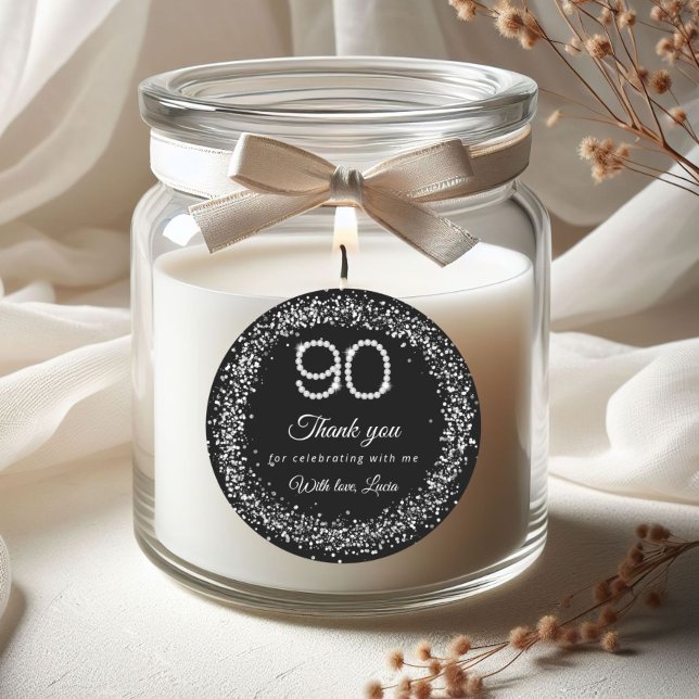 Rond Elegant Diamonds 90th Birthday Thank you Sticker (Diamonds Silver 90th Birthday Thank you Stickers)