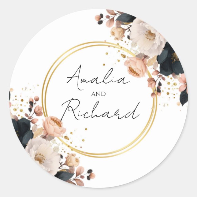 Rond Elegant Floral Personalized Wedding Sticker (Devant)