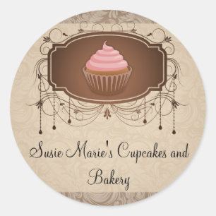 Rond Élégant Glamor Mocha Damask Cupcake Sticker Étique