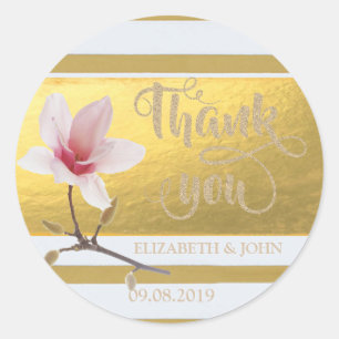 Rond Élégant Gold Stripes Magnolia Sticker vous Mariage