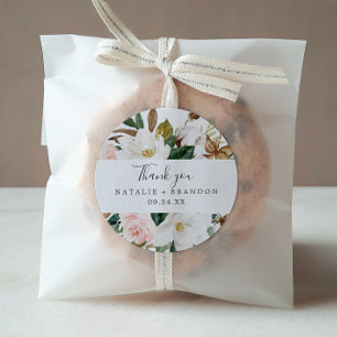 Rond Élégant Magnolia Sticker en Merci blanc