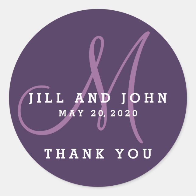 Rond Élégant Monogramme Violet Mariage Favor Sticker (Devant)