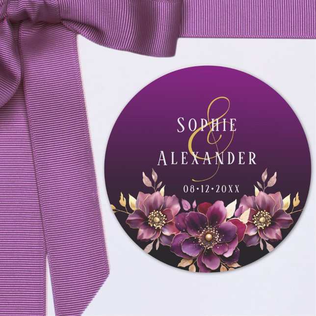 Rond Élégant nom floral Date Mariage Sticker (Elegant Floral Names Date Wedding Sticker)