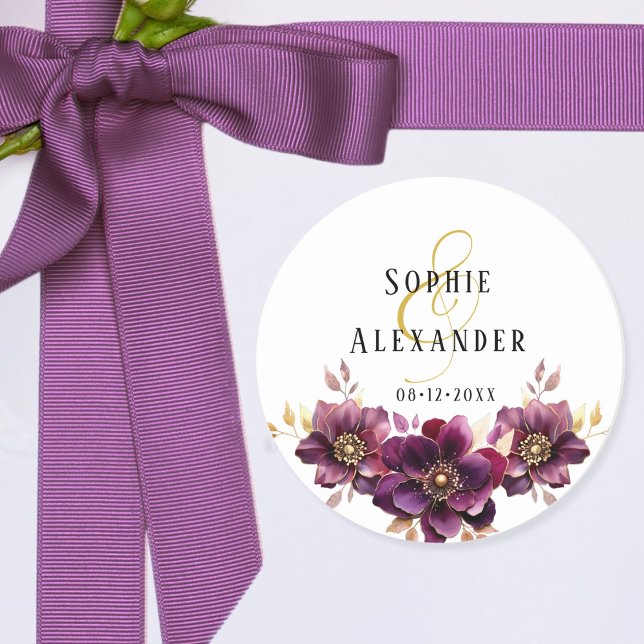 Rond Élégant nom floral Date Mariage Sticker (Créateur téléchargé)