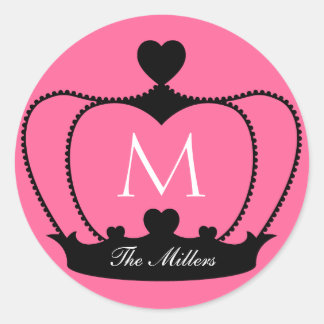 Rond Élégant Sticker de couronne rose et noir monogramm